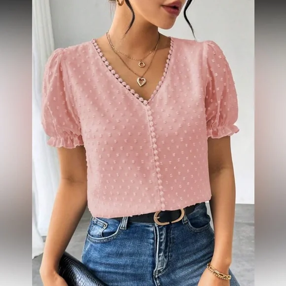 Elegant Burgundy Swiss Dot Puff Sleeve Top - Picture 6 of 16